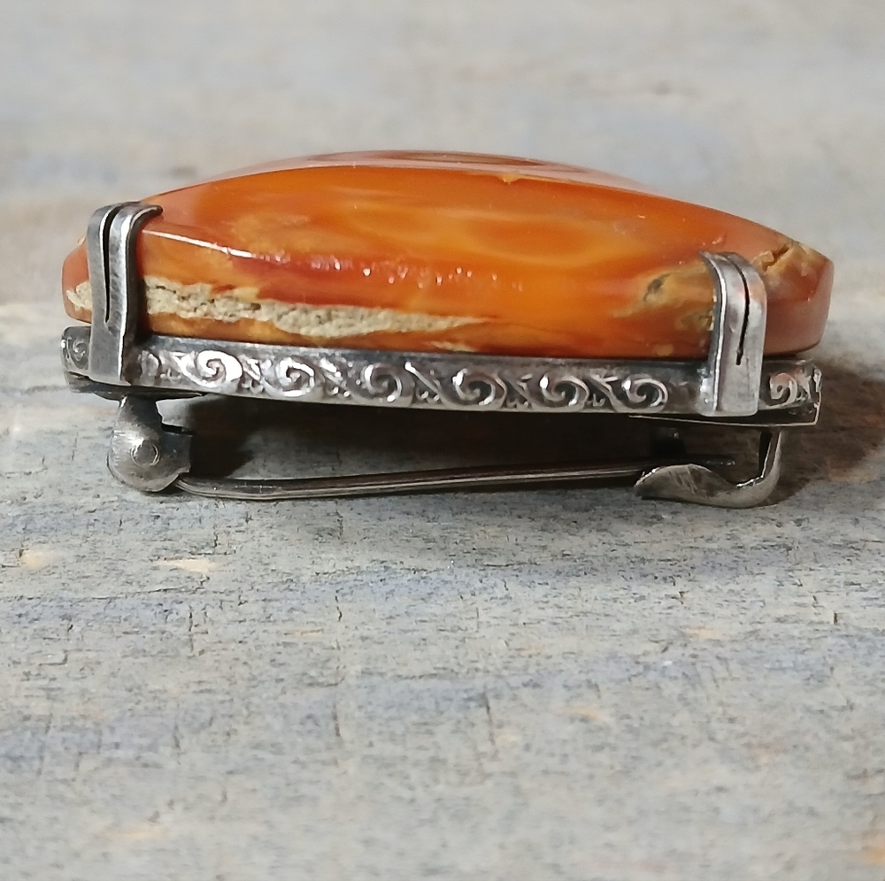 Antique .999 Silver Natural Butterscotch Egg Yolk Baltic Amber Brooch Pin Marked - Picture 4 of 16
